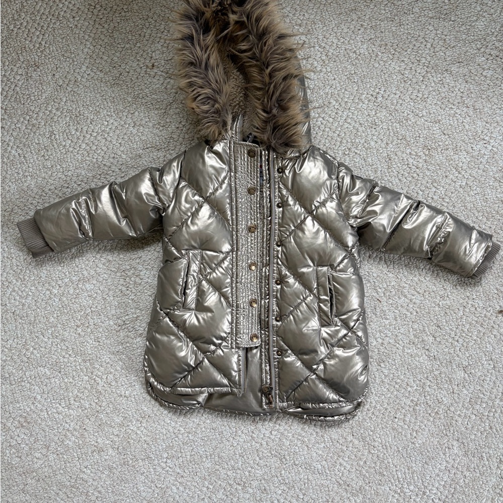 Appaman Girls Sloan Metallic Puffer Coat with Faux Fur Hood - Gold